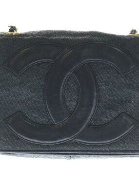 Chanel CC Logo Chain Mini Shoulder Bag Black Straw Leather Gold